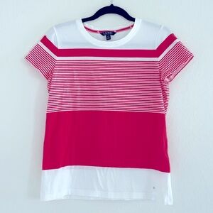 Ralph Lauren Salmon & White Striped Cotton Blend Short Sleeve Crewneck Top